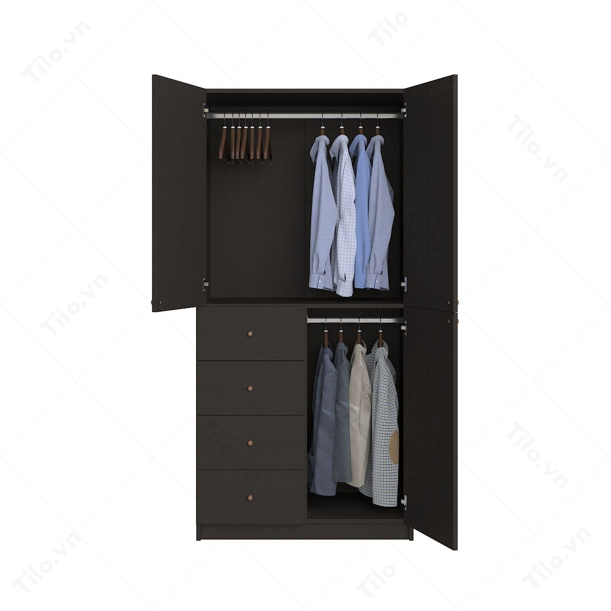 Mẫu tủ quần áo góc 2 cánh kèm 4 hộc kéo 